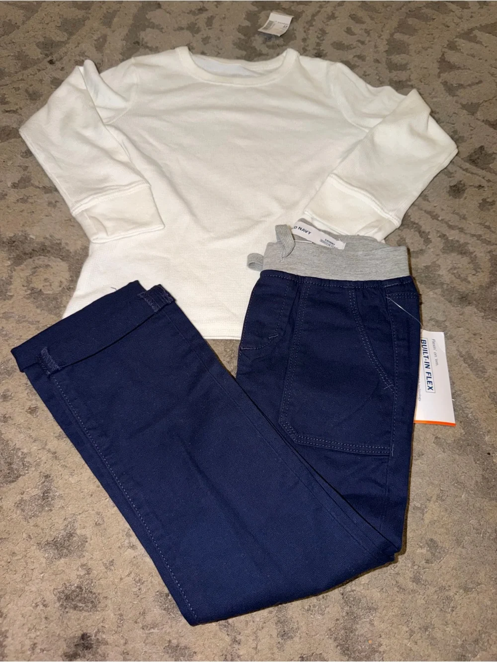 NWT Old Navy Boys 4T Skinny Built In Flex Blue Pant & White Thermal Shirt Lot 4